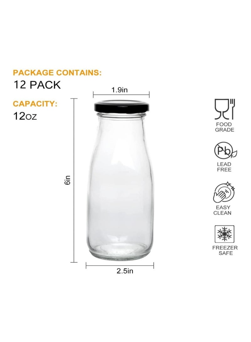 FUFU 12 oz Glass Bottles, Clear Glass Milk Bottles with Black Metal Airtight Lids, Vintage Breakfast Shake Container, Vintage Drinking Bottles with of 12pack  - Image 2