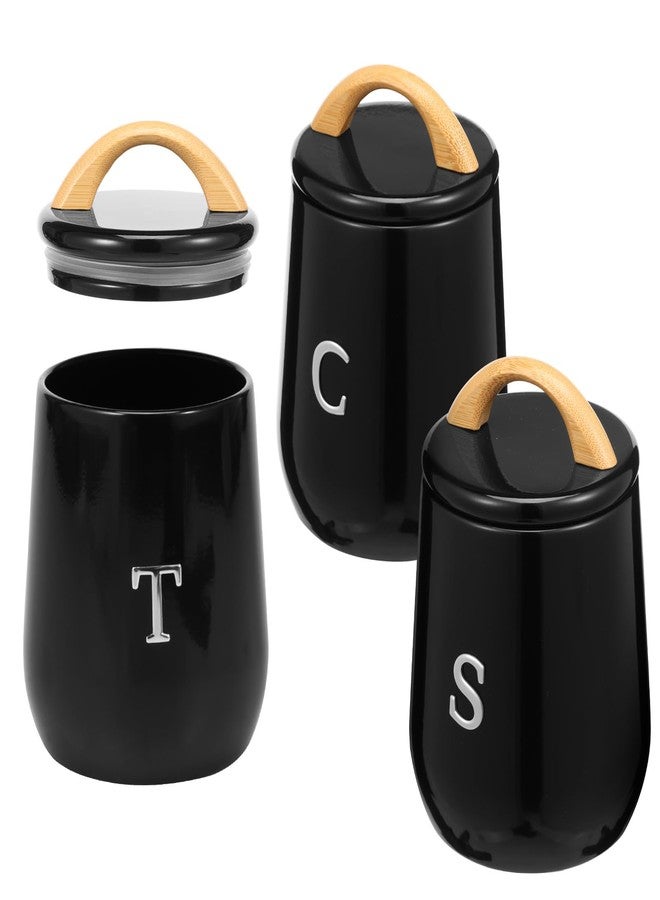 Hevtsde 3Pcs Canisters Sets for Kitchen Countertop - Sugar and Coffee Container Set, Metal Moisture Proof Sealed Jar with Label, Kitchen Canisters for Coffee Beans, Tea, Sugar, Salt, Flour, Spices (Black) - Image 1