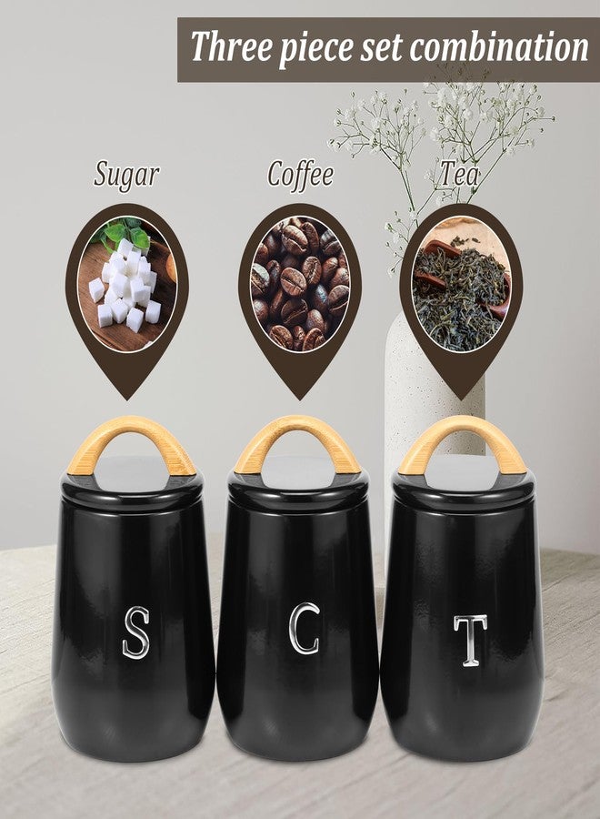 Hevtsde 3Pcs Canisters Sets for Kitchen Countertop - Sugar and Coffee Container Set, Metal Moisture Proof Sealed Jar with Label, Kitchen Canisters for Coffee Beans, Tea, Sugar, Salt, Flour, Spices (Black) - Image 2