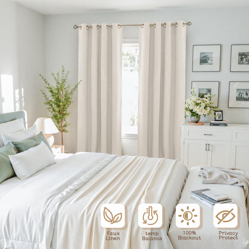 BGment Light Beige Blackout Curtains for Living Room 84 Inch Long - Linen Textured Thermal Insulated Total Sun Blocking Bronze Grommet Window Drapes for Farmhouse, 2 Panels, 52 x 84 Inch - Image 2