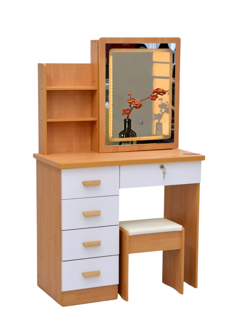 KARNAK Makeup Vanity Desk With Light Mirror Dressing Table, Vanity Set ,4 Storage Drawers and Shelves, Also Hidden Shelves Behind Mirror Cushion Stool for Bedroom Home Decor OAK White  - Image 1