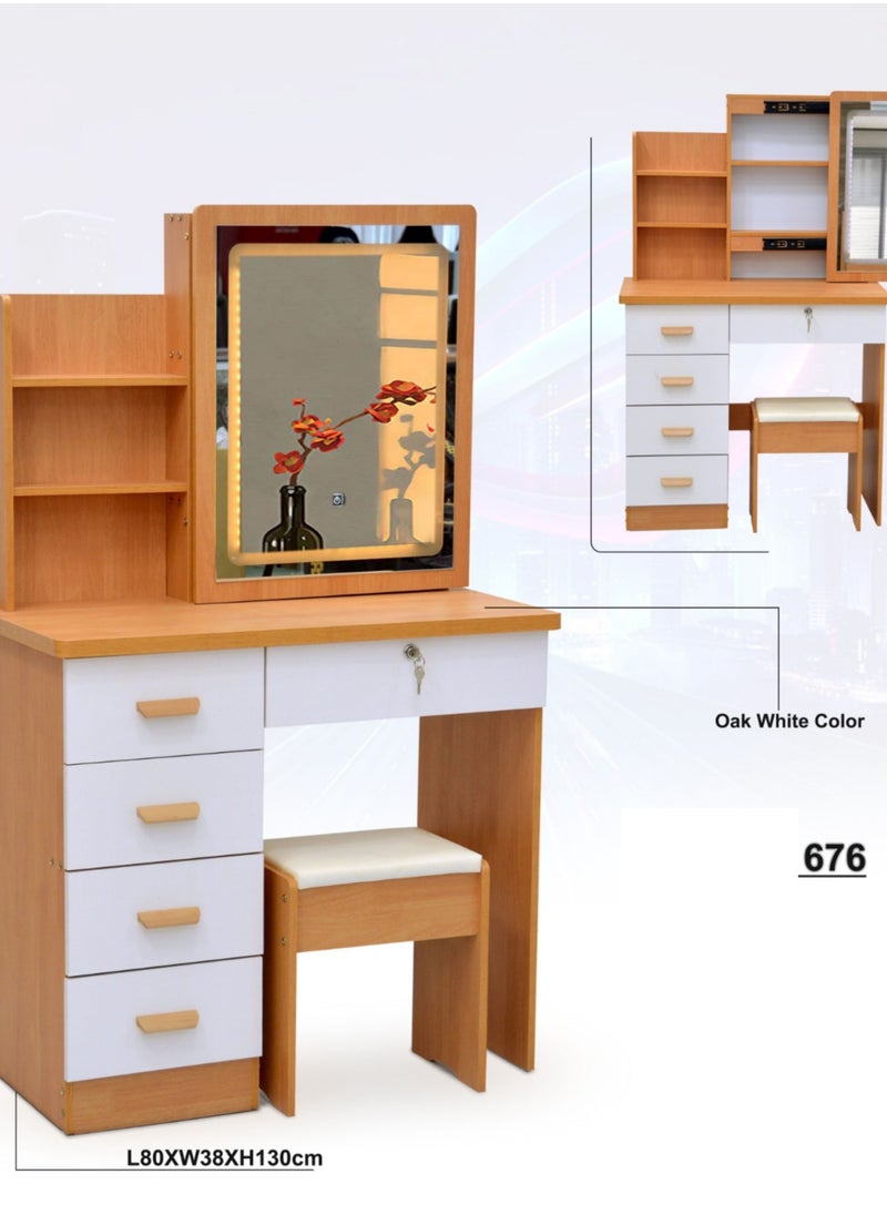 KARNAK Makeup Vanity Desk With Light Mirror Dressing Table, Vanity Set ,4 Storage Drawers and Shelves, Also Hidden Shelves Behind Mirror Cushion Stool for Bedroom Home Decor OAK White  - Image 3