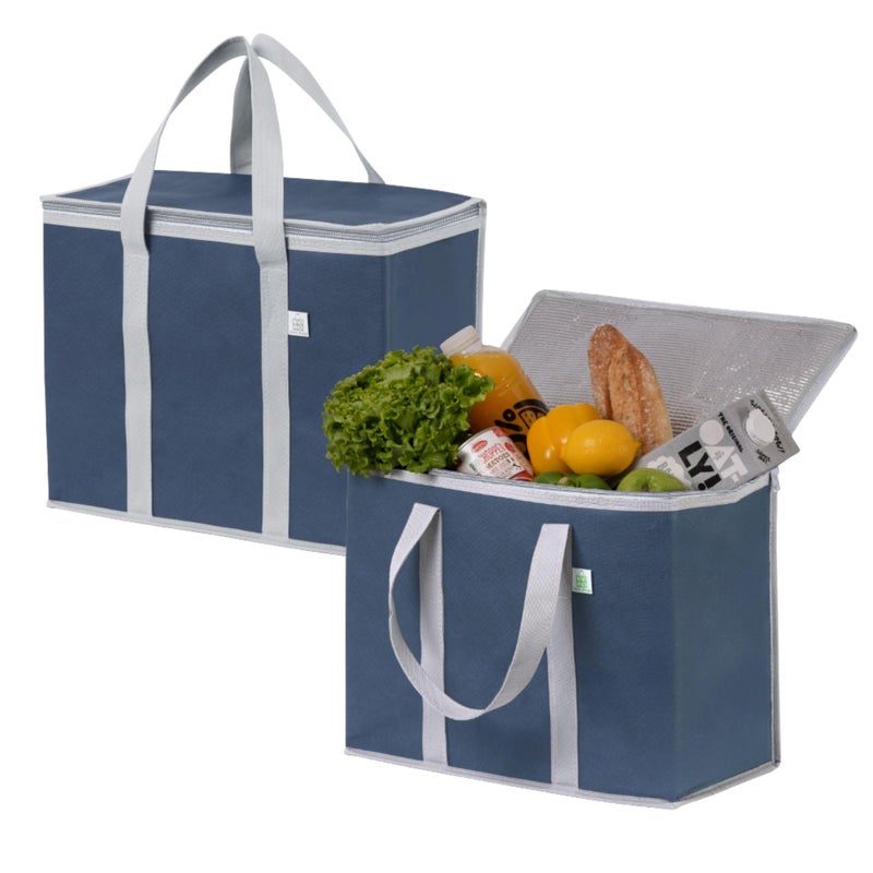 VENO 2 Pack Cooler Bag and Insulated Grocery Bags for Food Delivery, Collapsible Cooler, Reusable Shopping Bags for Groceries with Zipper, Foldable, Heavy-Duty, Stands Upright (Dark Blue, 2 Pack) - Image 1