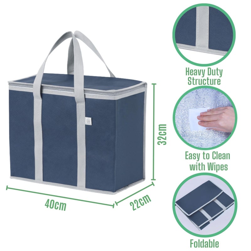 VENO 2 Pack Cooler Bag and Insulated Grocery Bags for Food Delivery, Collapsible Cooler, Reusable Shopping Bags for Groceries with Zipper, Foldable, Heavy-Duty, Stands Upright (Dark Blue, 2 Pack) - Image 2