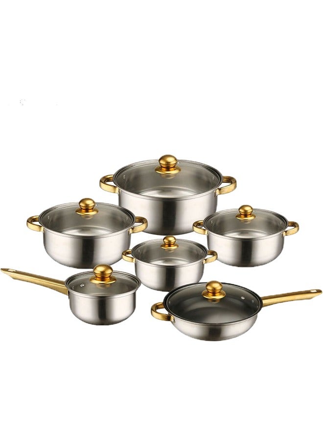 شاربدو طقم أواني من 12 قطعة من الفولاذ المقاوم للصدأ 410، وعاء حساء، مقلاة، وعاء حليب، وعاء طبخ، وعاء حليب مزدوج الأذن 16 سم/وعاء حساء 18/20/22/24 سم/مقلاة 24 سم (فضي) - Image 1