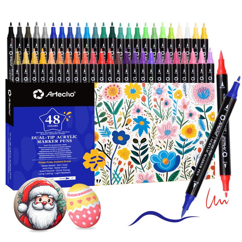 Artecho Acrylic Paint Markers 48 Colors Acrylic Paint Pens with Brush Tip and Fine Tip for Stone Rock Painting Paper Pumpkin Wood Egg Canvas Ceramic Fabric leather Glass DIY Crafts