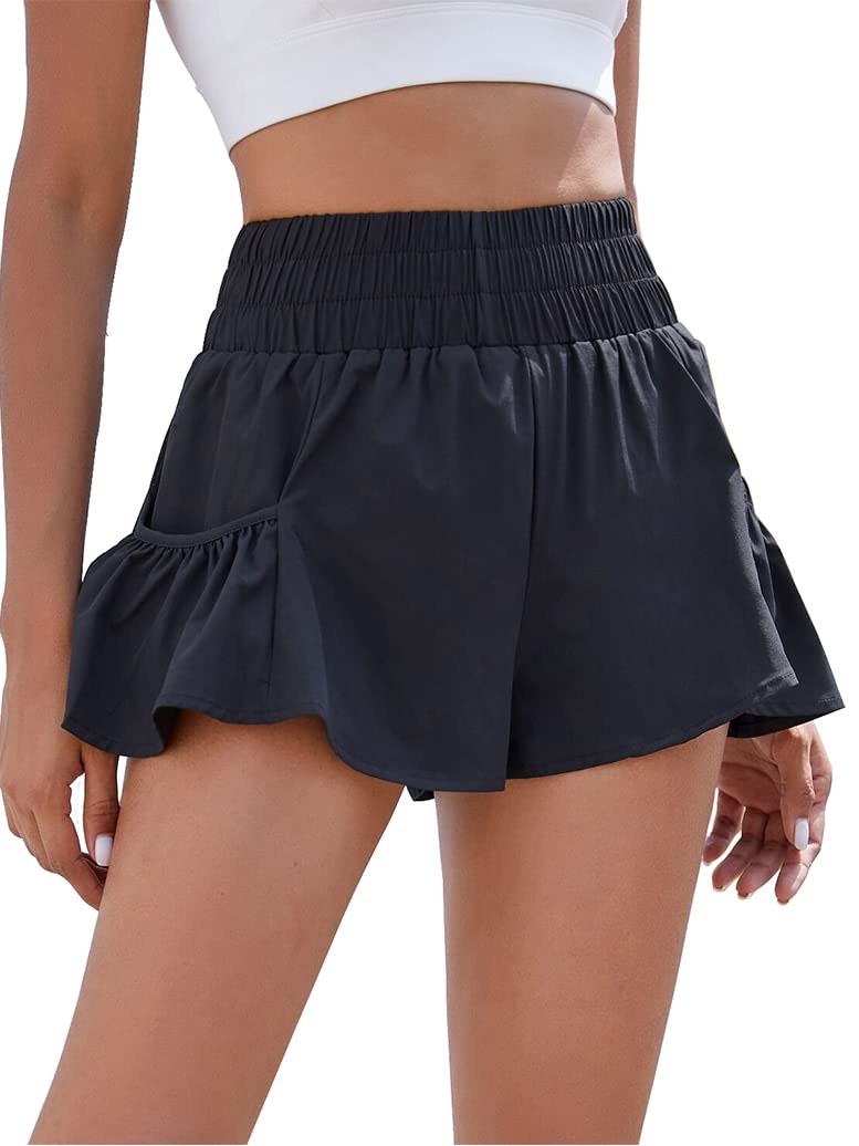 BMJL Womens High Waisted Athletic Running Shorts Workout Gym Quick Dry Flowy Shorts with Pockets(L,Black) - Image 1