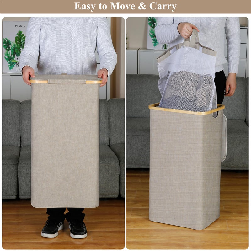 iEGrow A Laundry Basket with Lid, Large Laundry Hamper with Handle and Lid, Collapsible Clothes Basket Organizer with Removable Inner Bag for Clothes Toys Towels (Oatmeal, 110L) - Image 2