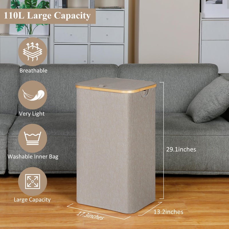 iEGrow A Laundry Basket with Lid, Large Laundry Hamper with Handle and Lid, Collapsible Clothes Basket Organizer with Removable Inner Bag for Clothes Toys Towels (Oatmeal, 110L) - Image 3