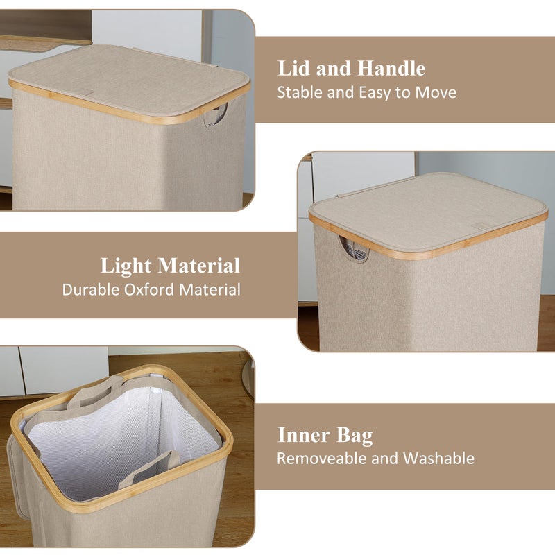 iEGrow A Laundry Basket with Lid, Large Laundry Hamper with Handle and Lid, Collapsible Clothes Basket Organizer with Removable Inner Bag for Clothes Toys Towels (Oatmeal, 110L) - Image 5