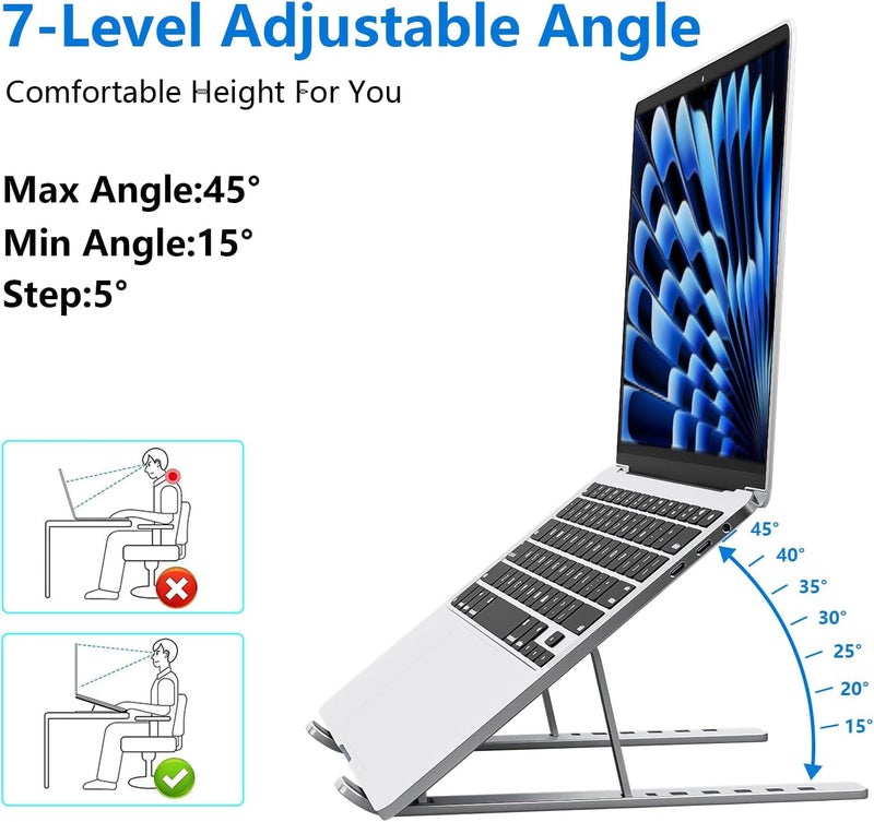 Tukzer Foldable Laptop Stand Riser for Laptop, MacBook, Notebook & Tablets up to 17 Inch, 7 Level Height Angle Adjustment, 2X Stronger M-Shape Aluminum Silicone Pads Air Ventilation (Silver) - Image 3
