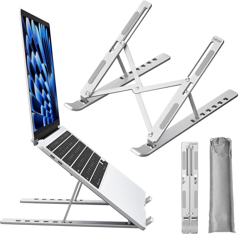 Tukzer Foldable Laptop Stand Riser for Laptop, MacBook, Notebook & Tablets up to 17 Inch, 7 Level Height Angle Adjustment, 2X Stronger M-Shape Aluminum Silicone Pads Air Ventilation (Silver) - Image 1