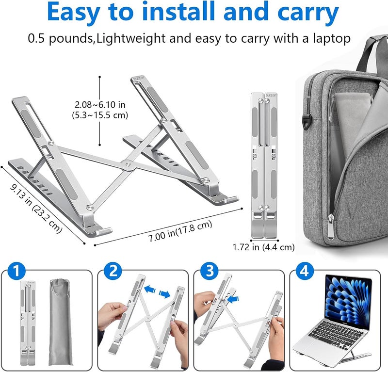 Tukzer Foldable Laptop Stand Riser for Laptop, MacBook, Notebook & Tablets up to 17 Inch, 7 Level Height Angle Adjustment, 2X Stronger M-Shape Aluminum Silicone Pads Air Ventilation (Silver) - Image 2
