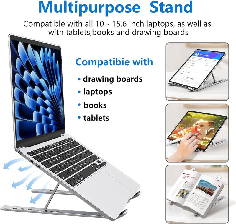 Tukzer Foldable Laptop Stand Riser for Laptop, MacBook, Notebook & Tablets up to 17 Inch, 7 Level Height Angle Adjustment, 2X Stronger M-Shape Aluminum Silicone Pads Air Ventilation (Silver) - Image 5