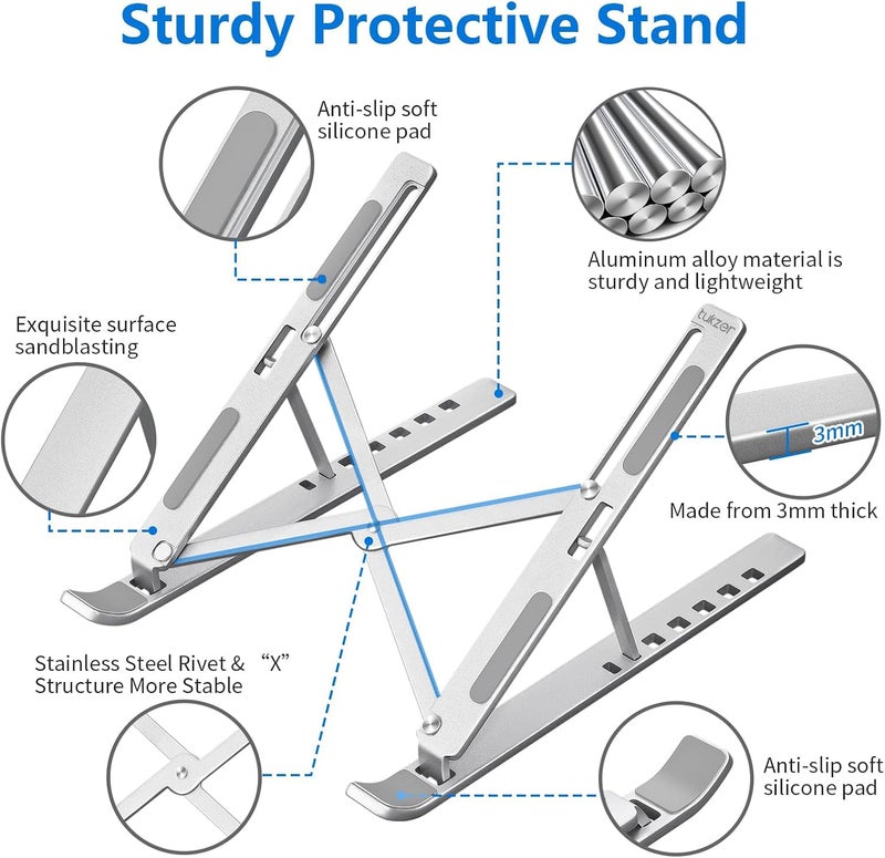 Tukzer Foldable Laptop Stand Riser for Laptop, MacBook, Notebook & Tablets up to 17 Inch, 7 Level Height Angle Adjustment, 2X Stronger M-Shape Aluminum Silicone Pads Air Ventilation (Silver) - Image 4