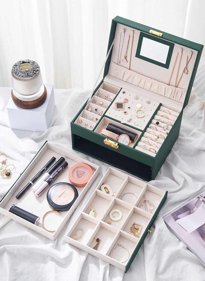 Sharpdo Jewelry Storage Box  3-Tier Jewellery Box Organiser for Women Girls Portable Travel Jewelry Case Green 23*17*13.5CM - Image 4