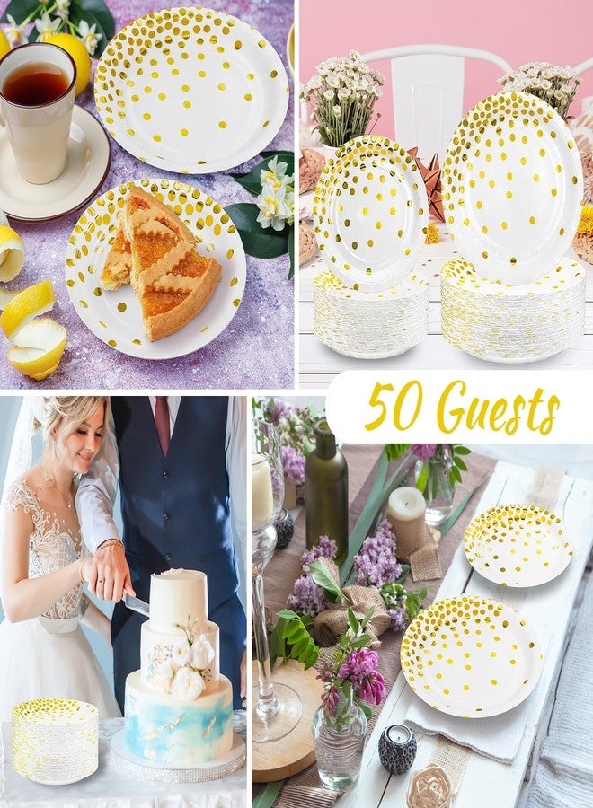 DYLIVeS White and Gold Paper Plates, 7 inch Metallic Foil Polka Dots Disposable Dessert Party Plates Cocktail Party Supplies Plates for Birthday, Bridal Shower, Easter, Graduation Party, 50 Pack - Image 3