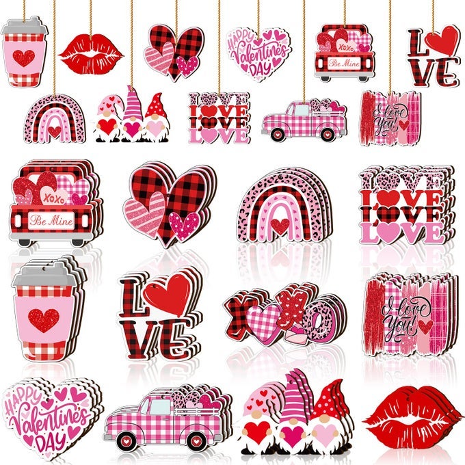 36 Pcs Valentines Day Wooden Hanging Ornaments Valentines Tree Decorations Pink Red Heart Gnome Wood Cutouts with Ropes XOXO Love Signs Pendants Valentines Day Decor for Home Party Decoration