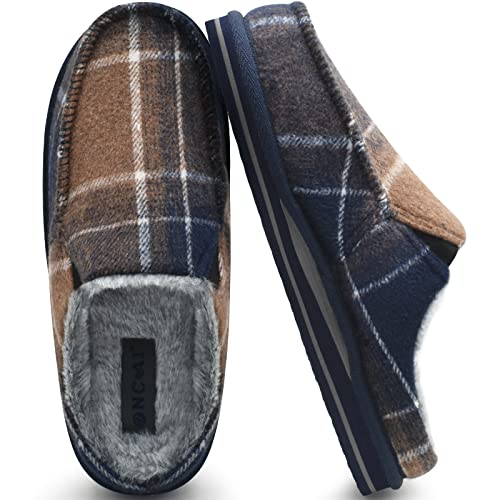 ONCAI Mens Slippers with Orthotic Arch Support,Cotton-Blend High-Density Memory Foam Plantar Fasciitis House Slippers Warm Stripe Faux Fur Clogs Slip-on Indoor Outdoor Rubber Sole Fade Blue Size 10 - Image 1