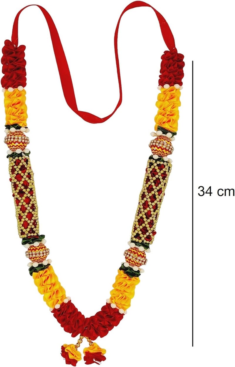 Snabs Red Yellow Ribbon Mala for Photo Frames and Gods Idols, Garland for Photos of Loved Ones, Ancestors and Pitra, 34 cm - Image 2