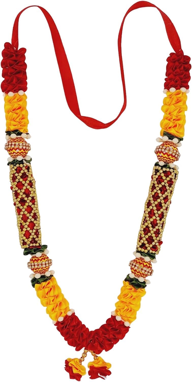 Snabs Red Yellow Ribbon Mala for Photo Frames and Gods Idols, Garland for Photos of Loved Ones, Ancestors and Pitra, 34 cm - Image 4