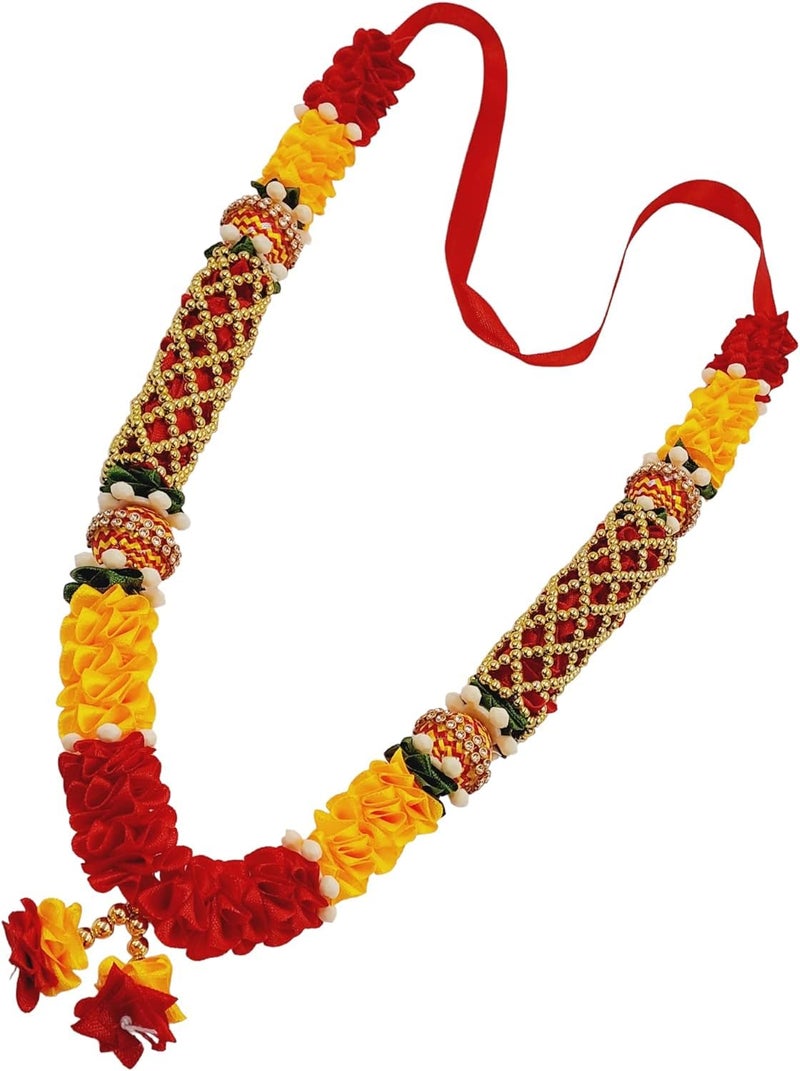 Snabs Red Yellow Ribbon Mala for Photo Frames and Gods Idols, Garland for Photos of Loved Ones, Ancestors and Pitra, 34 cm - Image 3