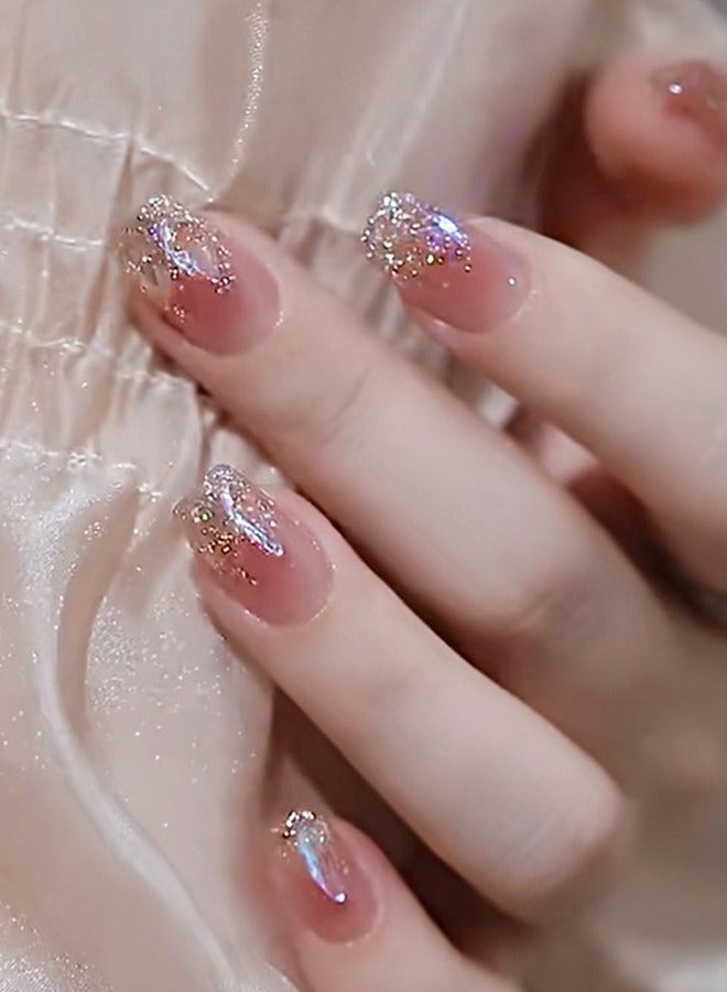 NIBEMINENT 24Pcs Fake Nails, Press Nails In Box,Short-length Flat head shaped Solid Pink Color Shiny Nail Art,Zircon Fake Nail Patch - Image 1