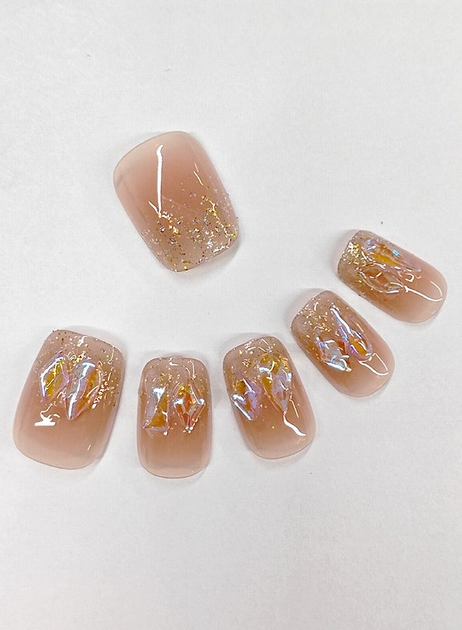 NIBEMINENT 24Pcs Fake Nails, Press Nails In Box,Short-length Flat head shaped Solid Pink Color Shiny Nail Art,Zircon Fake Nail Patch - Image 2