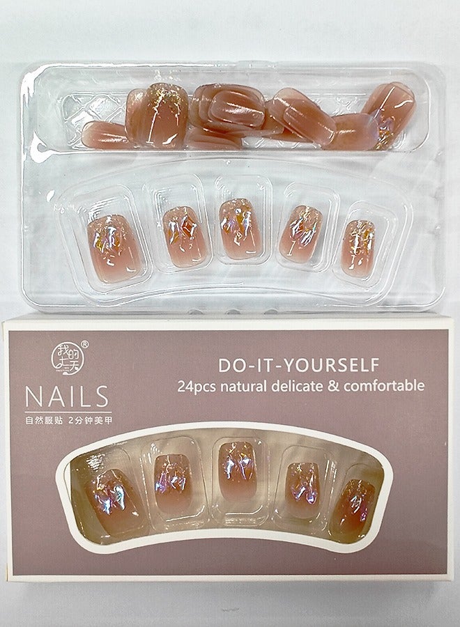 NIBEMINENT 24Pcs Fake Nails, Press Nails In Box,Short-length Flat head shaped Solid Pink Color Shiny Nail Art,Zircon Fake Nail Patch - Image 3