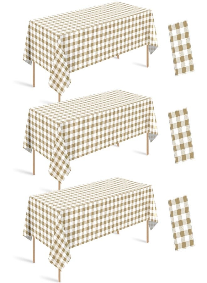Hallswl 3pcs Khkai Gingham Tablecloth,Brown Beige Checkered Tablecloths Buffalo Plaid Disposable Plastic Table Covers for Birthday Baby Shower Bridal Wedding Birthday Party Decorations,54X108inch - Image 1