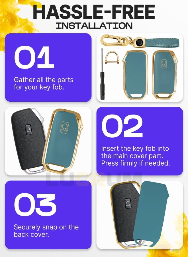 Lucrum for Kia Key Fob Cover and Leather Keychain - Full Cover Key Case for Kia Sportage, Soul, Forte, Telluride, EV6, Niro, K5, Stinger - 2018-2023 TPU Keyfob Cover - Blue and Gold - Image 5
