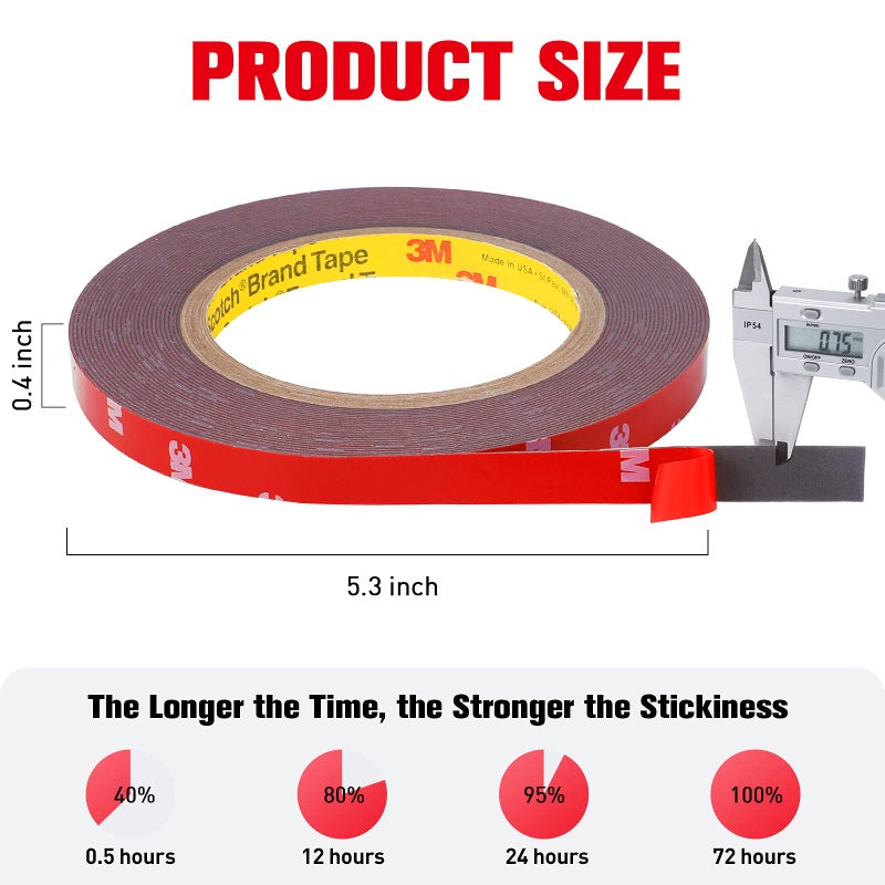 3M Double Sided Tape Heavy Duty, Waterproof Mounting Foam Tape, 33ft Length, 0.4in Width, Strong Adhesive Tape for LED Strip Lights, Automotive, Home, Office Decor, Outdoor, Made of 3M VHB Tape - Image 5