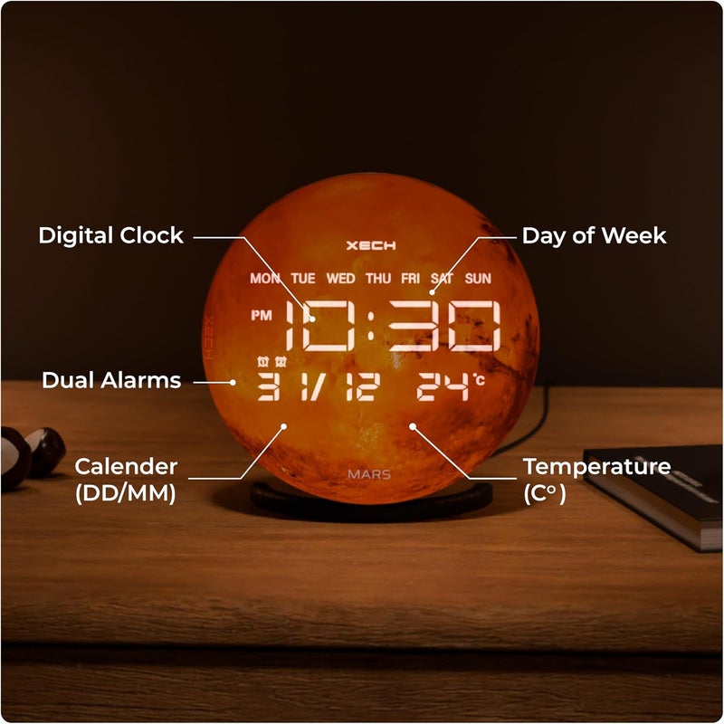 Xech Digital Alarm Clock with Bluetooth Speaker, Dual Loud Alarms, LED Display, Desk Clock for Home, Office & Study Table, USB C Powered (Solaris-X Mars) - Image 4