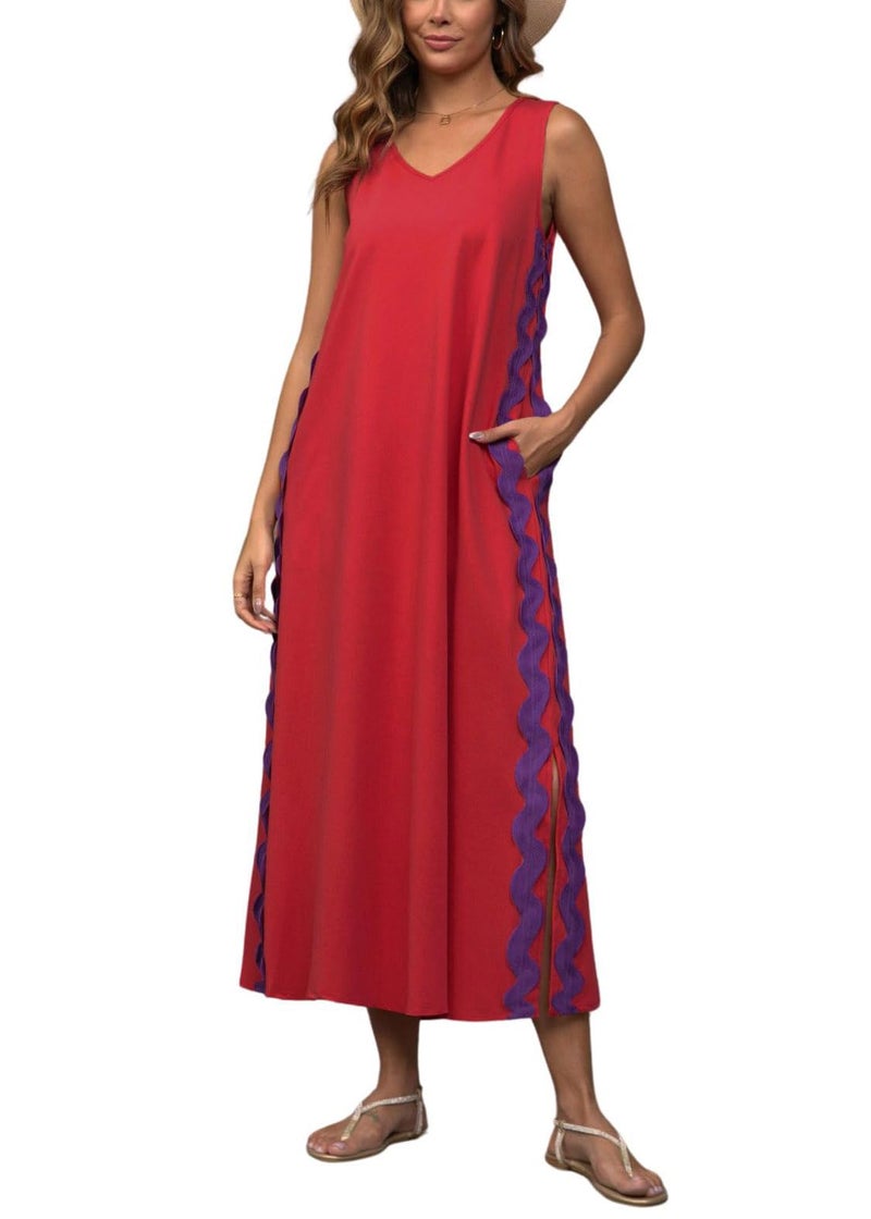 utcoco Women's Summer Beach Boho Flowy Maxi Dress Casual Sleeveless V Neck Side Slit RIC Rac Tank Dress (X-Large, Red) - Image 1