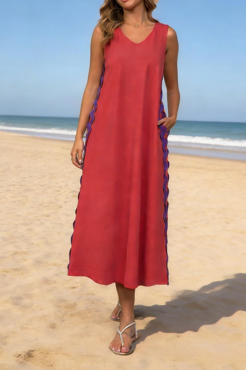 utcoco Women's Summer Beach Boho Flowy Maxi Dress Casual Sleeveless V Neck Side Slit RIC Rac Tank Dress (X-Large, Red) - Image 2