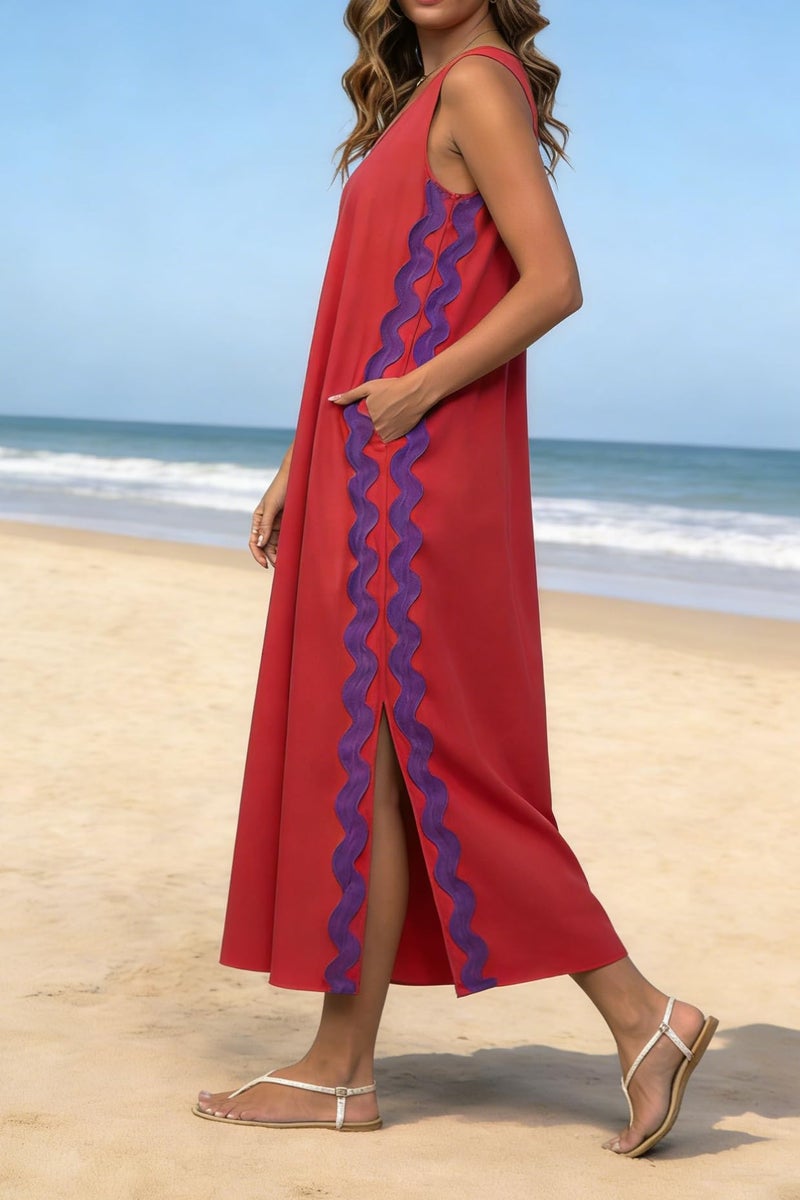 utcoco Women's Summer Beach Boho Flowy Maxi Dress Casual Sleeveless V Neck Side Slit RIC Rac Tank Dress (X-Large, Red) - Image 3