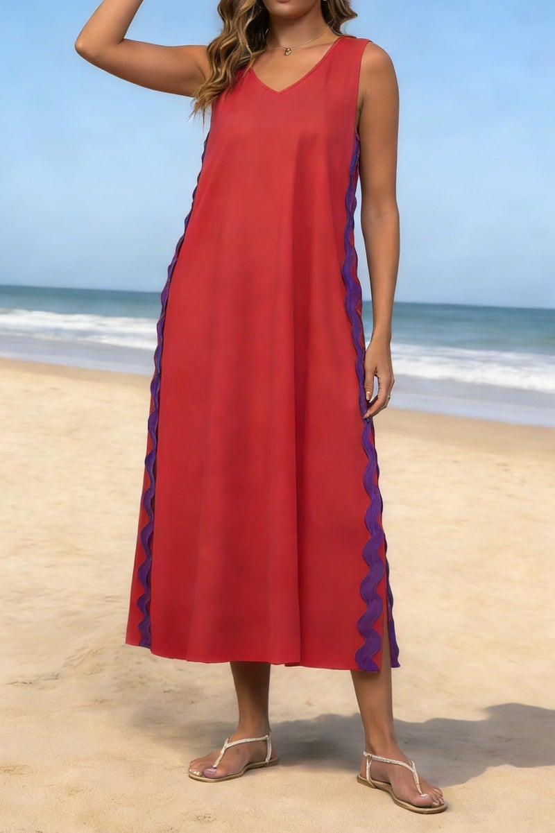 utcoco Women's Summer Beach Boho Flowy Maxi Dress Casual Sleeveless V Neck Side Slit RIC Rac Tank Dress (X-Large, Red) - Image 5