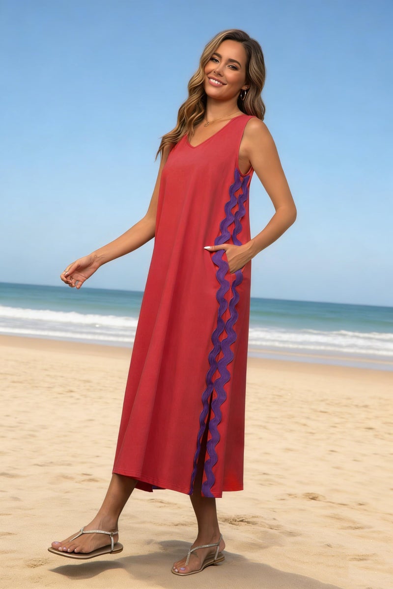 utcoco Women's Summer Beach Boho Flowy Maxi Dress Casual Sleeveless V Neck Side Slit RIC Rac Tank Dress (X-Large, Red) - Image 4