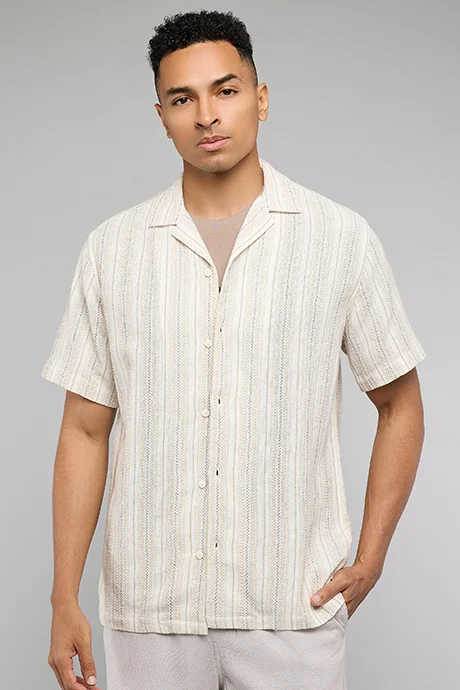 R&b Striped Shirt with Revere Collar and Short Sleeves