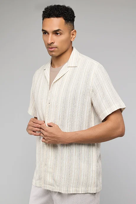 R&b Striped Shirt with Revere Collar and Short Sleeves