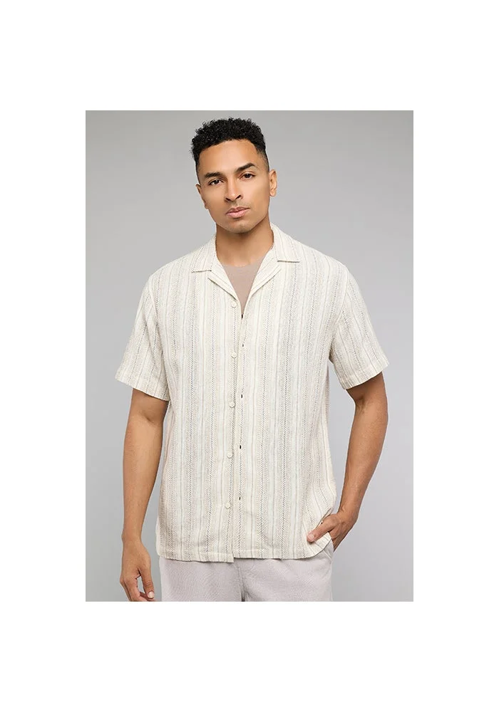 أر أند بي Striped Shirt with Revere Collar and Short Sleeves