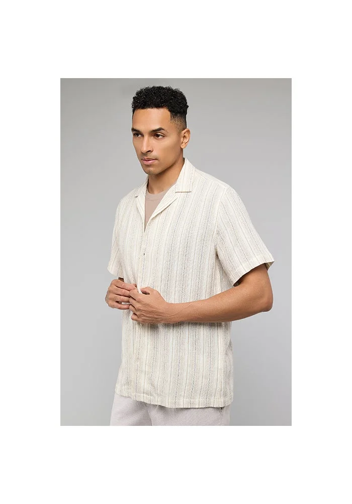 أر أند بي Striped Shirt with Revere Collar and Short Sleeves