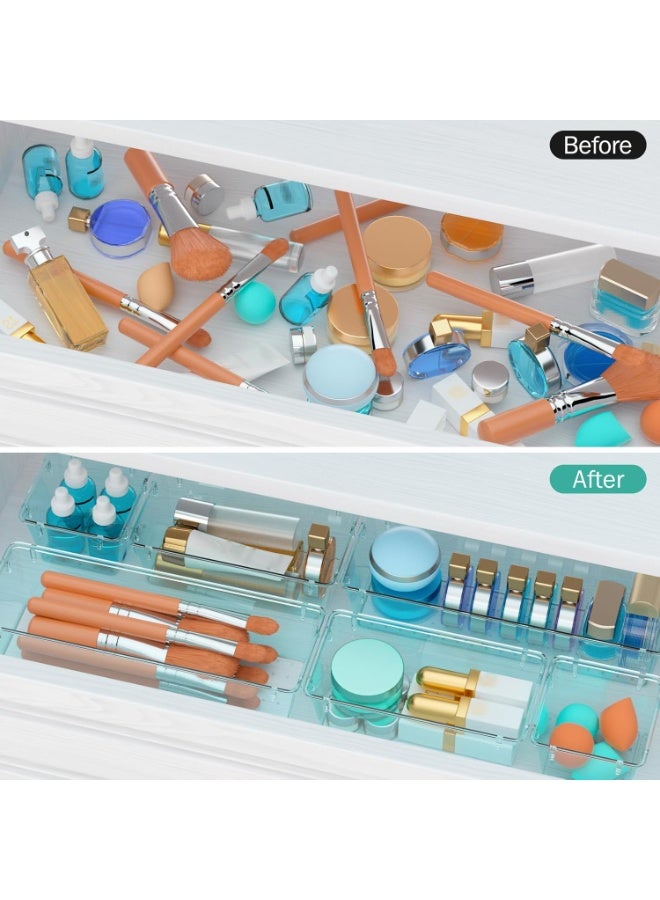 مجموعة منظم أدراج مستوردة، مكونة من 6 قطع، بلون أزرق سماوي شفاف، صواني تخزين أدراج أكريليك، صناديق تخزين لمستحضرات التجميل، والمجوهرات، والأواني، والأدوات، والمكتب - Image 4