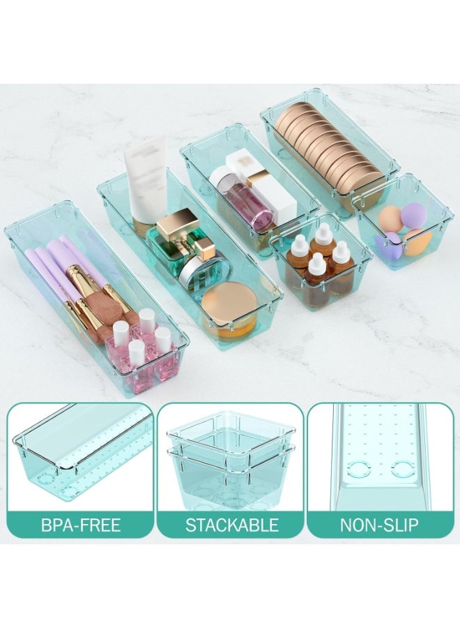مجموعة منظم أدراج مستوردة، مكونة من 6 قطع، بلون أزرق سماوي شفاف، صواني تخزين أدراج أكريليك، صناديق تخزين لمستحضرات التجميل، والمجوهرات، والأواني، والأدوات، والمكتب - Image 3