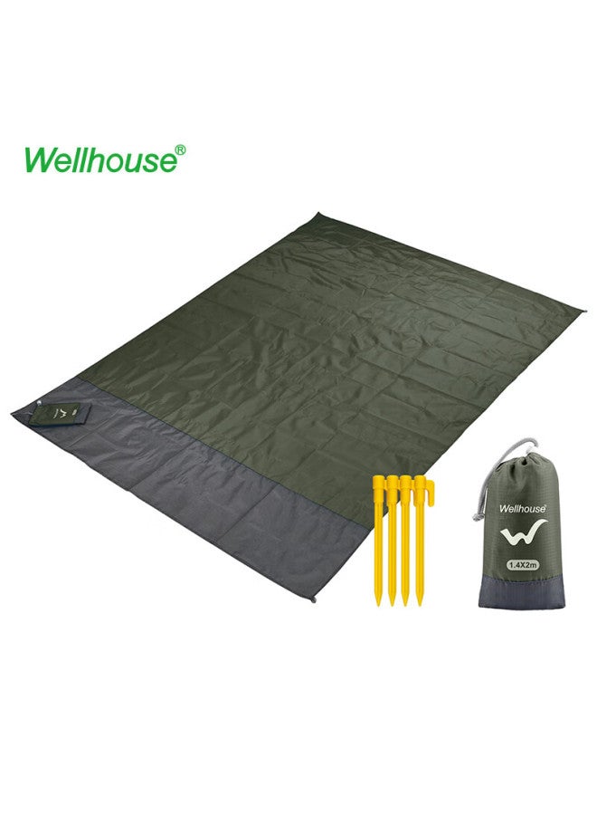 Wellhouse حصيرة نزهة خارجية، مقعد شاطئي، حقيبة تخزين خفيفة الوزن قابلة للطي مع أوتاد أرضية، أخضر عسكري 1.4*2م - Image 1