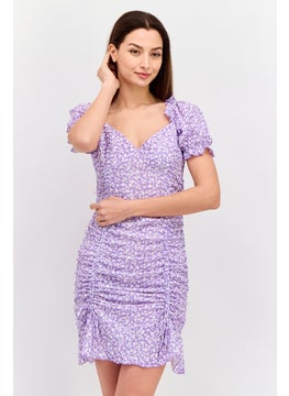 Women Floral Print Mini Dress, Purple