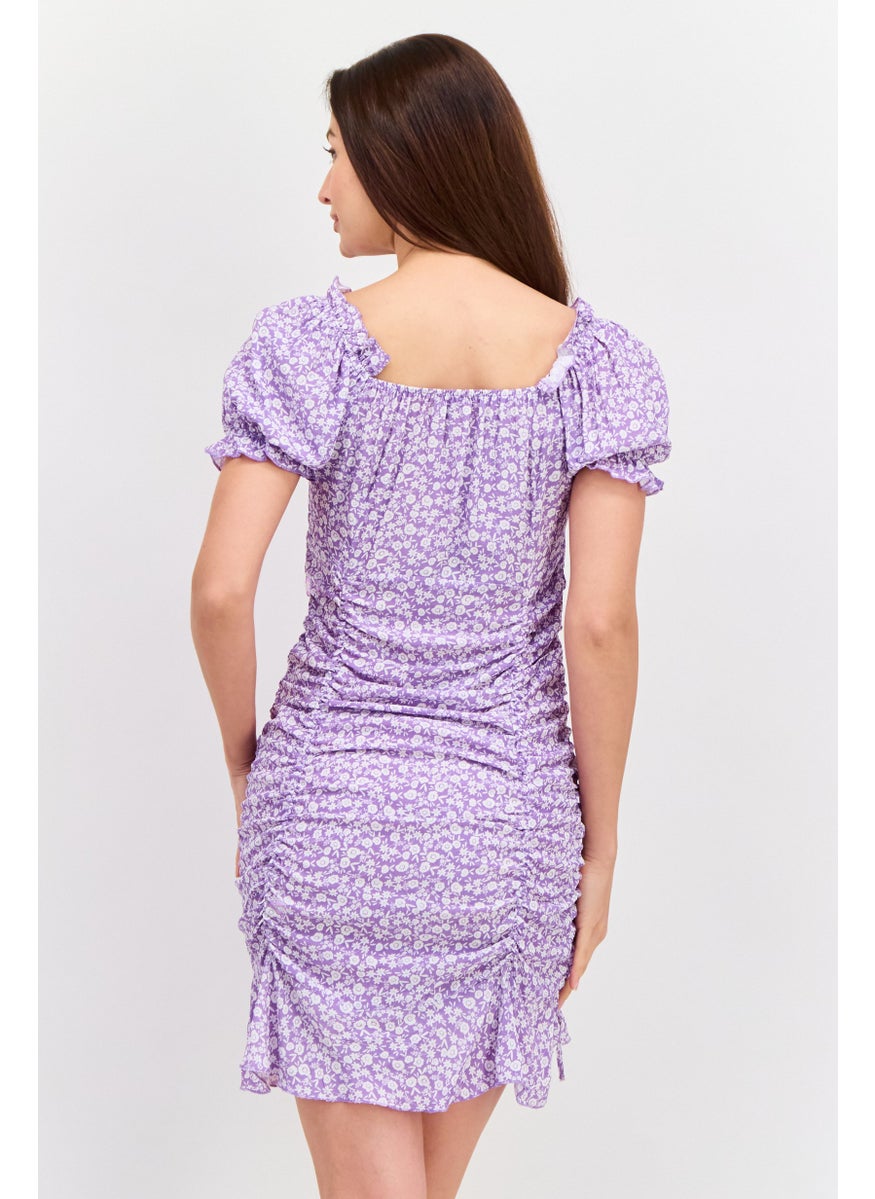 Don't Call Me Jennyfer - Women Floral Print Mini Dress, Purple - Image 1