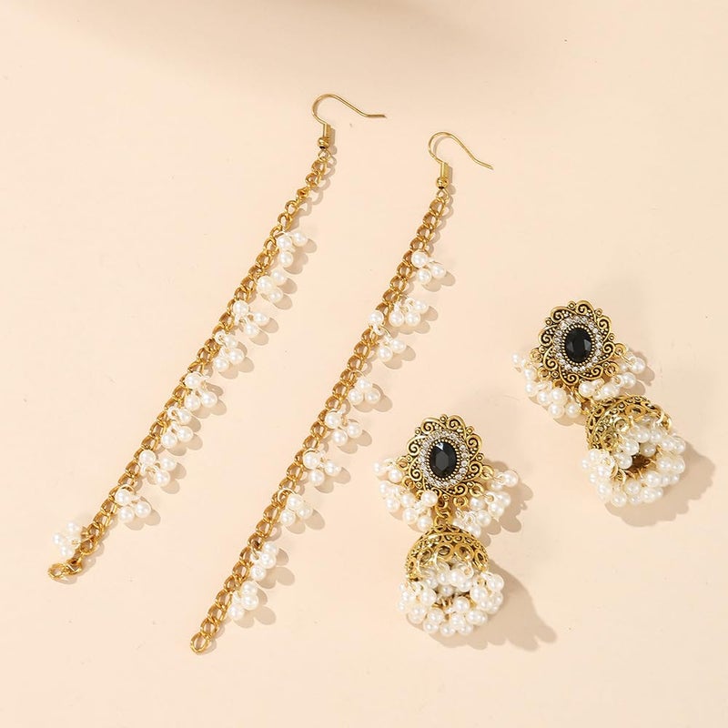 Chargances Indian Jhumka Jhumki Pearl Beaded Dangle Earrings Boho Black Crystal Drop Earrings Fashion Bollywood Stylish Gold Traditional Indian Jewelry for Women(Style 2) - Image 2