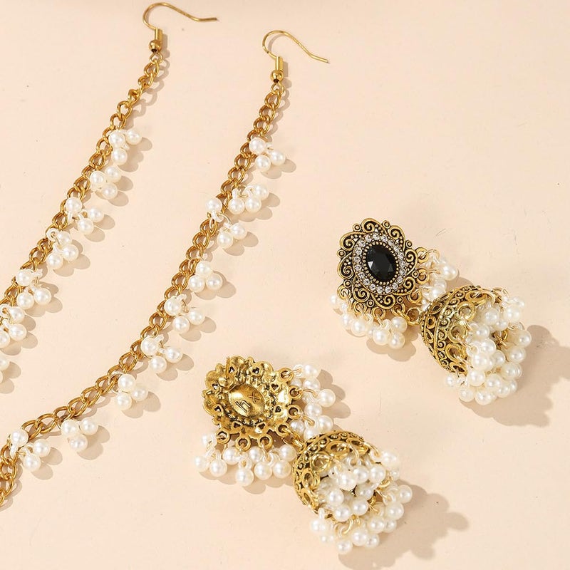 Chargances Indian Jhumka Jhumki Pearl Beaded Dangle Earrings Boho Black Crystal Drop Earrings Fashion Bollywood Stylish Gold Traditional Indian Jewelry for Women(Style 2) - Image 3