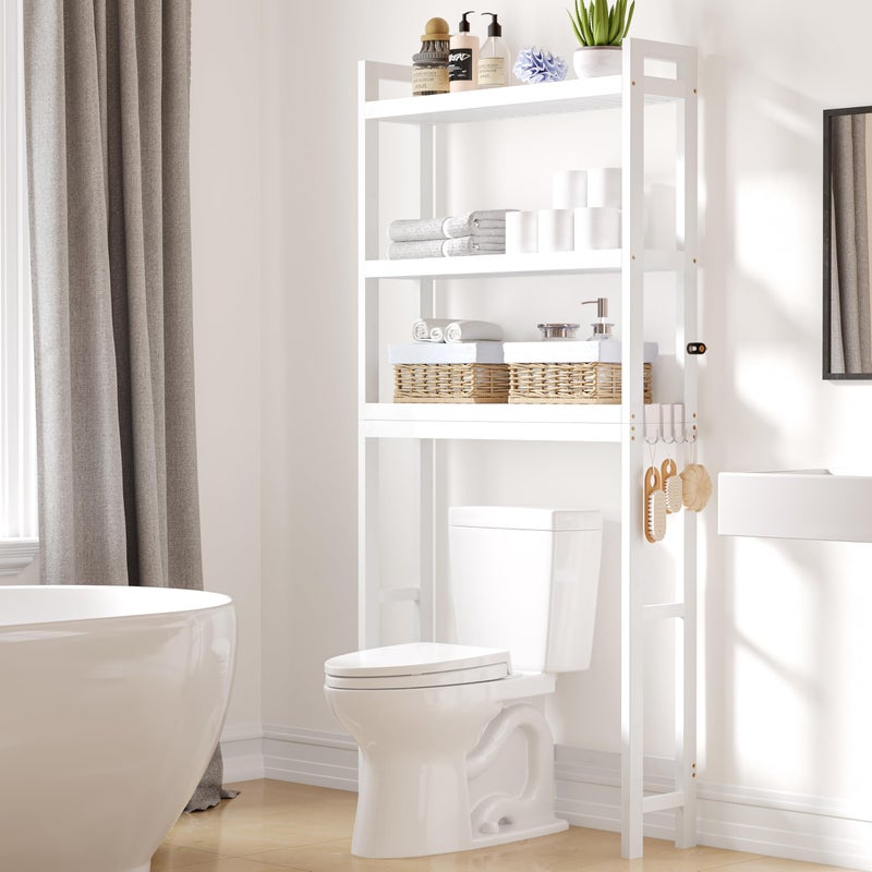 Smiry Over The Toilet Storage Cabinet 3Tier Bamboo Bathroom Organizers with Adjustable Shelf  4 Hooks Space Saving Shelf Rack for Bathrooms Laundry Room Balcony White